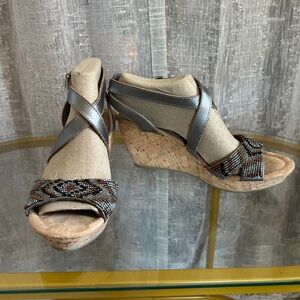 Minnetonka Gray and Tan Beaded Espadrilles with Cork Wedge Heel